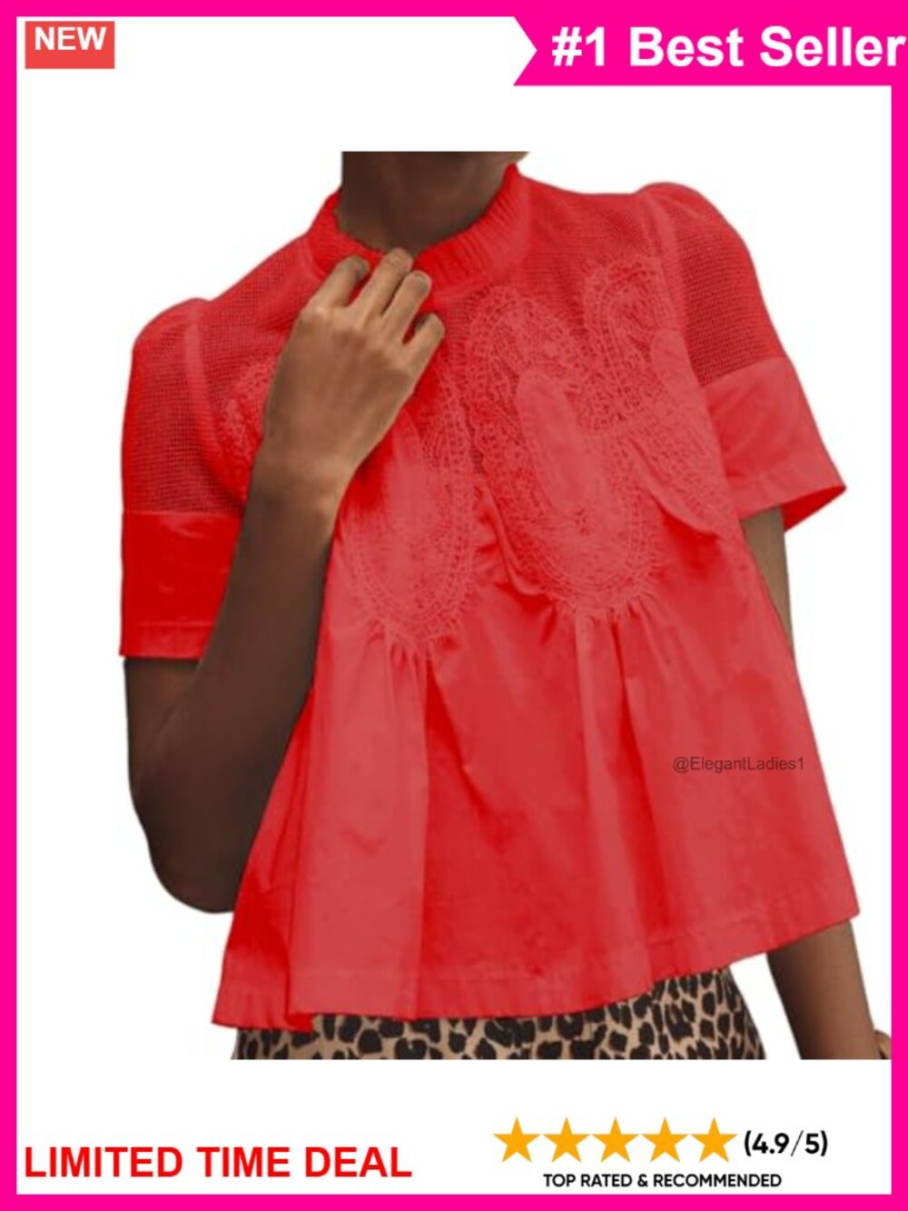 Women Lace Detail Flared Blouse Short Sleeve Crew Neck Mesh Swing Top